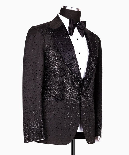 Black Hand-Embellished Peak Lapel Tuxedo | Charly Luxury