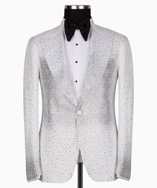 White Crystal Embellished Peak Lapel Tuxedo | Charly Luxury
