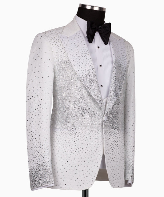 White Crystal Embellished Peak Lapel Tuxedo | Charly Luxury
