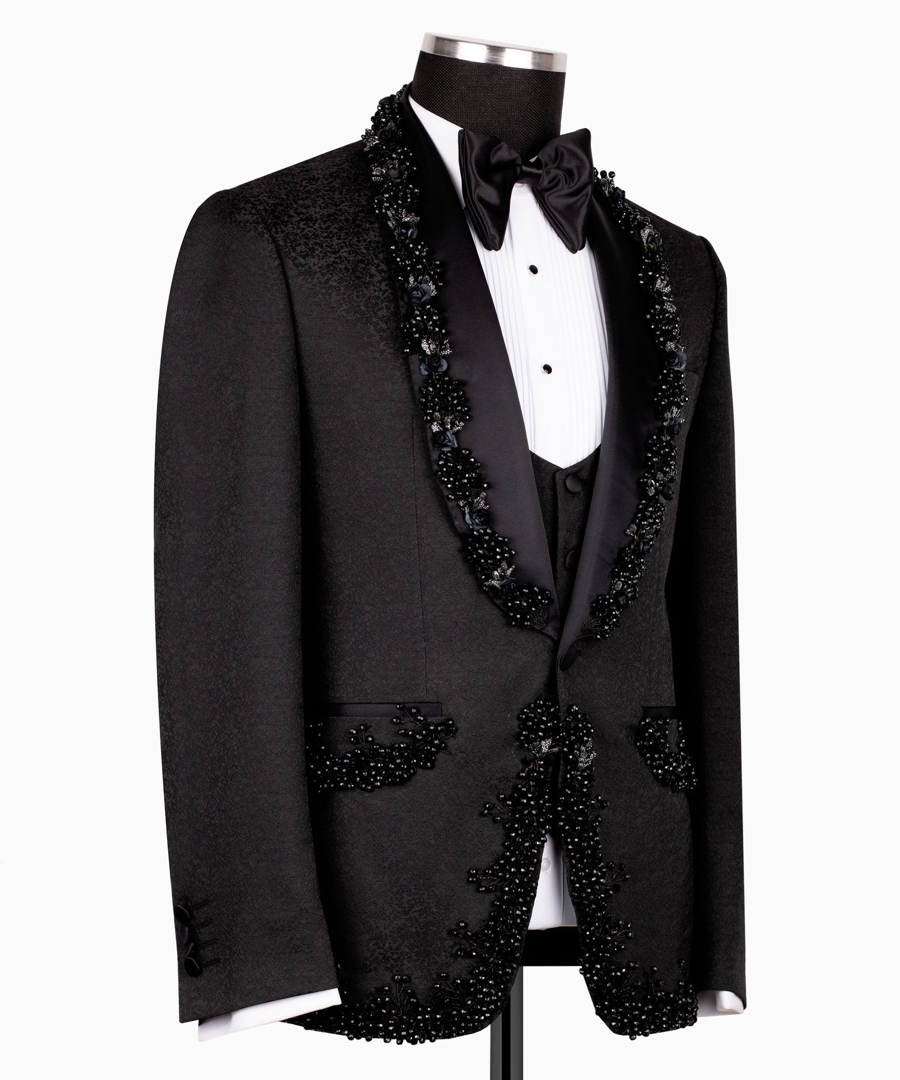 Black Embellished Jacquard Peak Lapel Three Piece Tuxedo | Charly Luxury