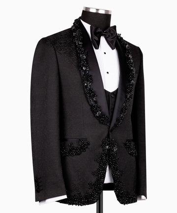 Black Embellished Jacquard Peak Lapel Three Piece Tuxedo | Charly Luxury
