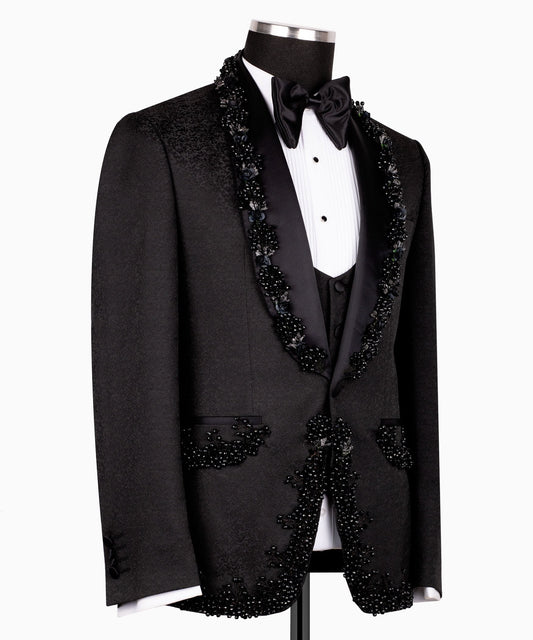 Black Embellished Jacquard Peak Lapel Three Piece Tuxedo | Charly Luxury