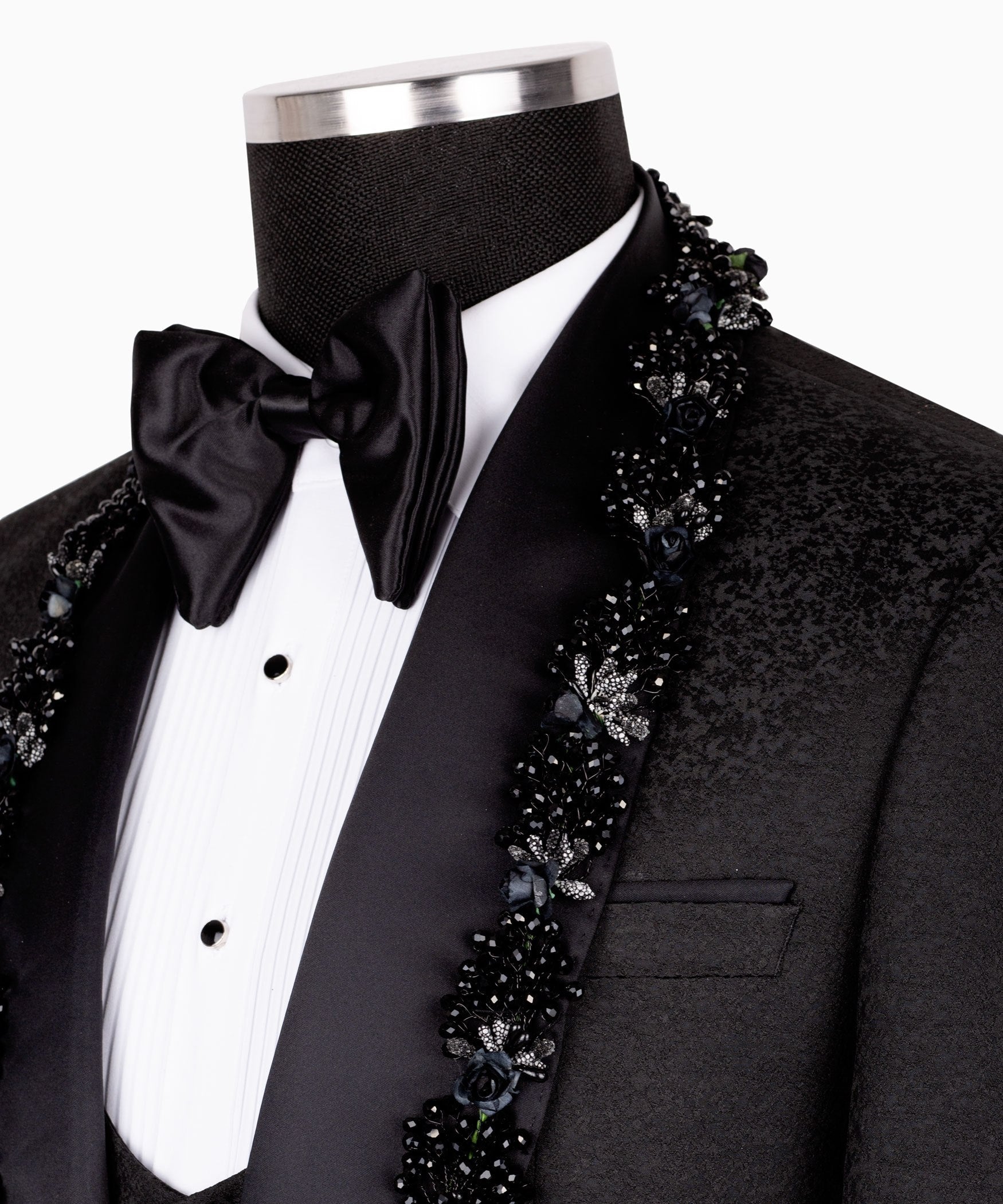 Black Embellished Jacquard Peak Lapel Three Piece Tuxedo | Charly Luxury