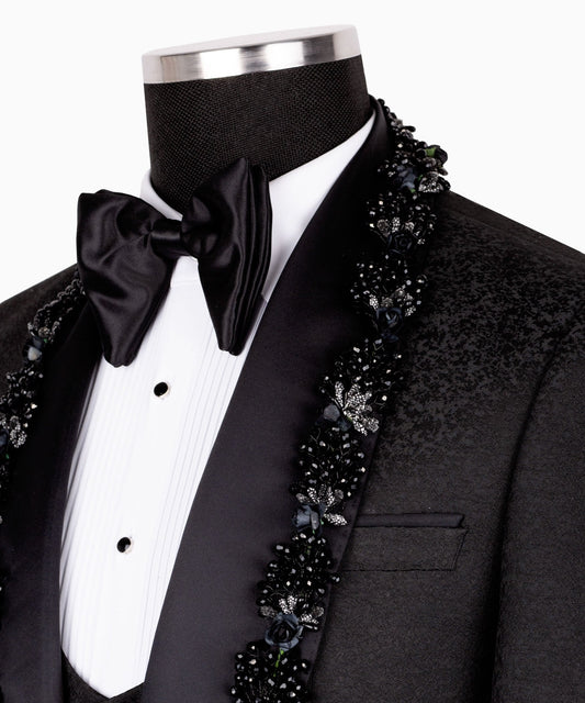 Black Embellished Jacquard Peak Lapel Three Piece Tuxedo | Charly Luxury
