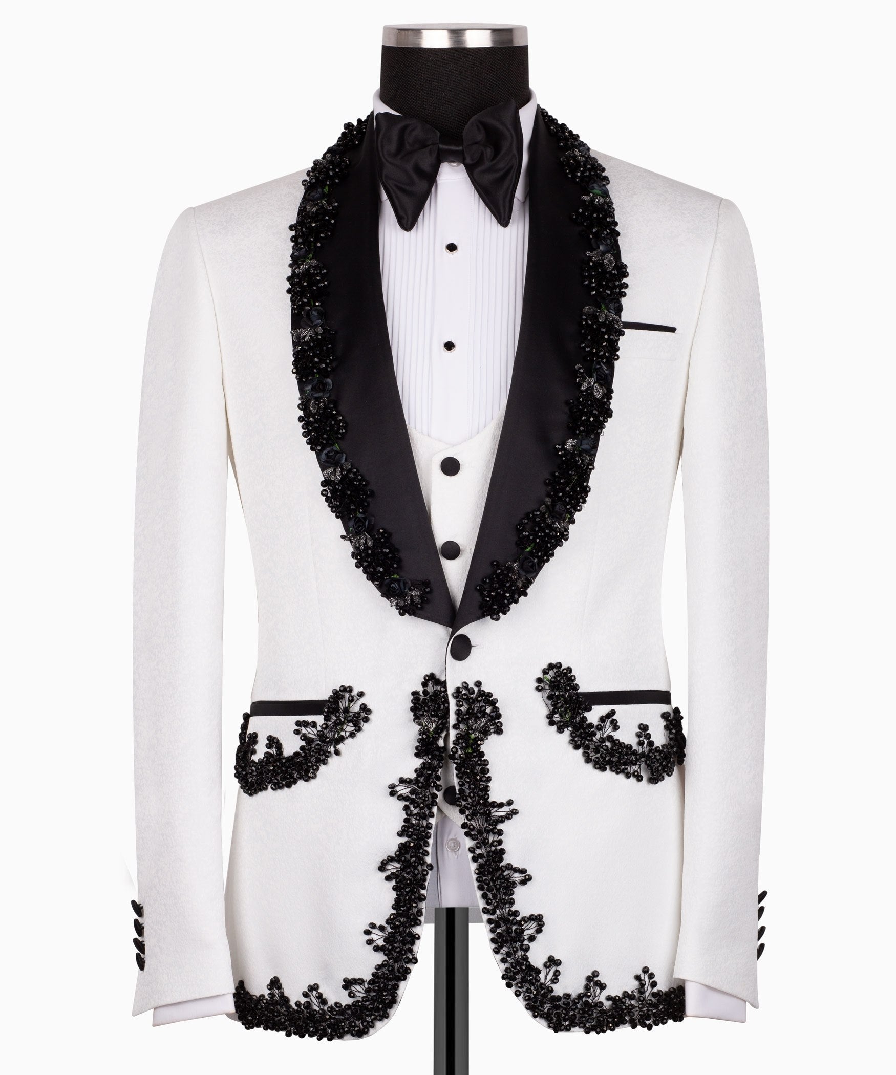 White & Black Jacquard Embellished Peak Lapel Three-Piece Tuxedo | Charly Luxury