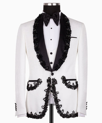 White & Black Jacquard Embellished Peak Lapel Three-Piece Tuxedo | Charly Luxury