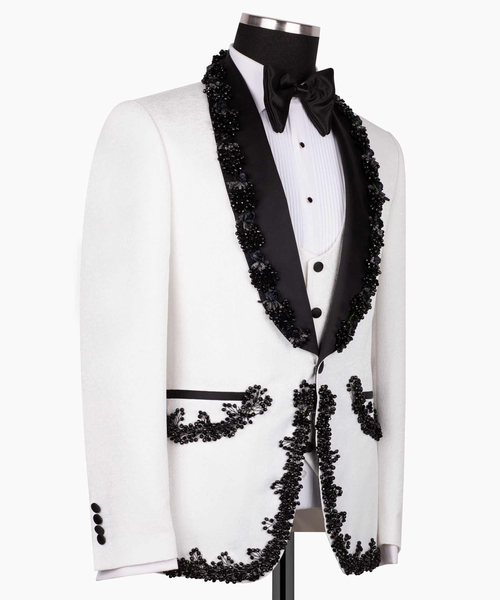 White & Black Jacquard Embellished Peak Lapel Three-Piece Tuxedo | Charly Luxury