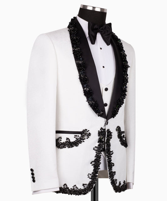 White & Black Jacquard Embellished Peak Lapel Three-Piece Tuxedo | Charly Luxury