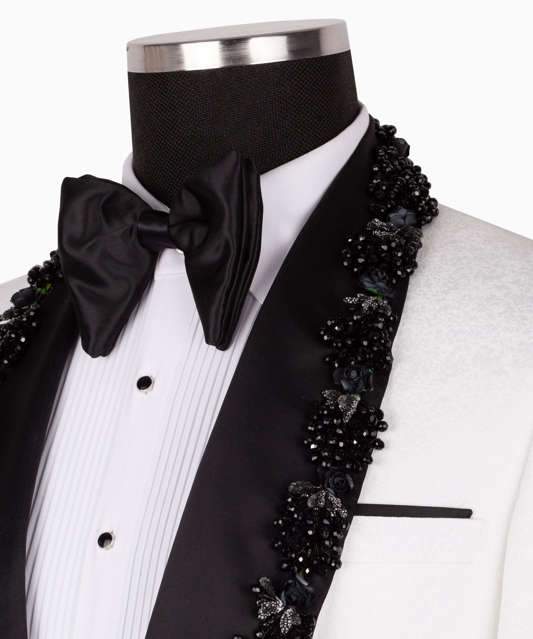 White & Black Jacquard Embellished Peak Lapel Three-Piece Tuxedo | Charly Luxury