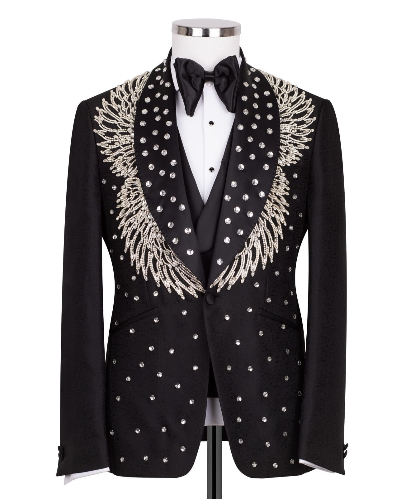 Black Embellished Jacquard Shawl Lapel Three-Piece Tuxedo | Charly Luxury