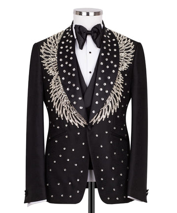 Black Embellished Jacquard Shawl Lapel Three-Piece Tuxedo | Charly Luxury