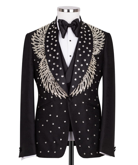 Black Embellished Jacquard Shawl Lapel Three-Piece Tuxedo | Charly Luxury