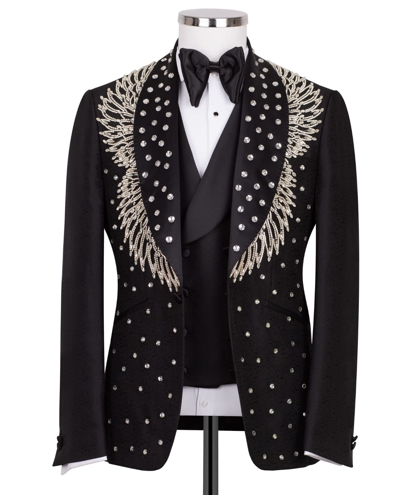 Black Embellished Jacquard Shawl Lapel Three-Piece Tuxedo | Charly Luxury