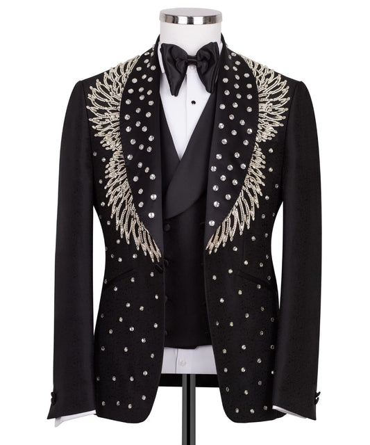 Black Embellished Jacquard Shawl Lapel Three-Piece Tuxedo | Charly Luxury