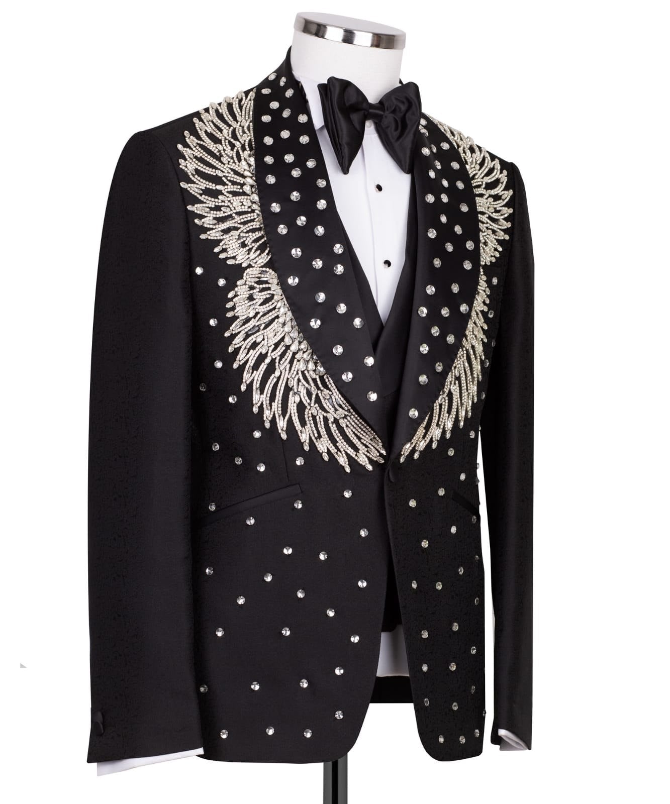 Black Embellished Jacquard Shawl Lapel Three-Piece Tuxedo | Charly Luxury