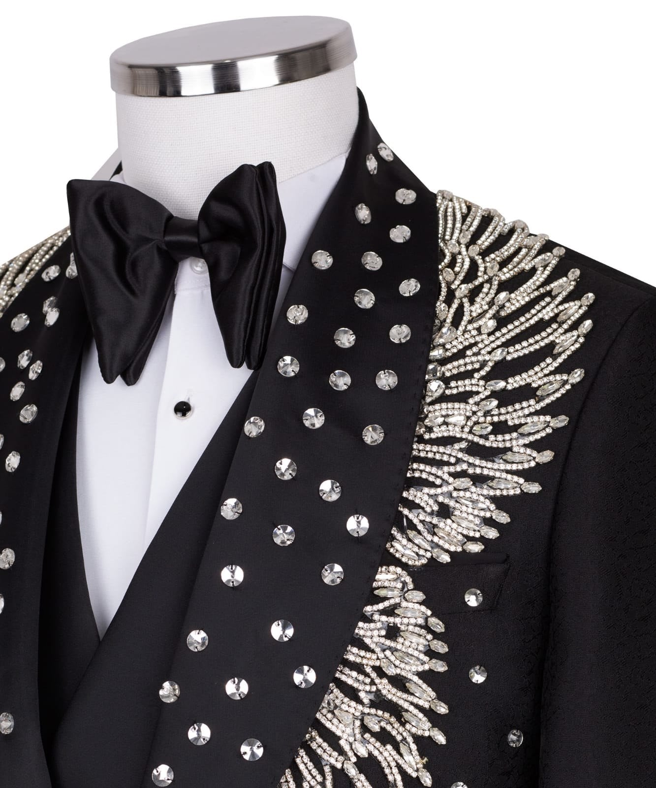 Black Embellished Jacquard Shawl Lapel Three-Piece Tuxedo | Charly Luxury