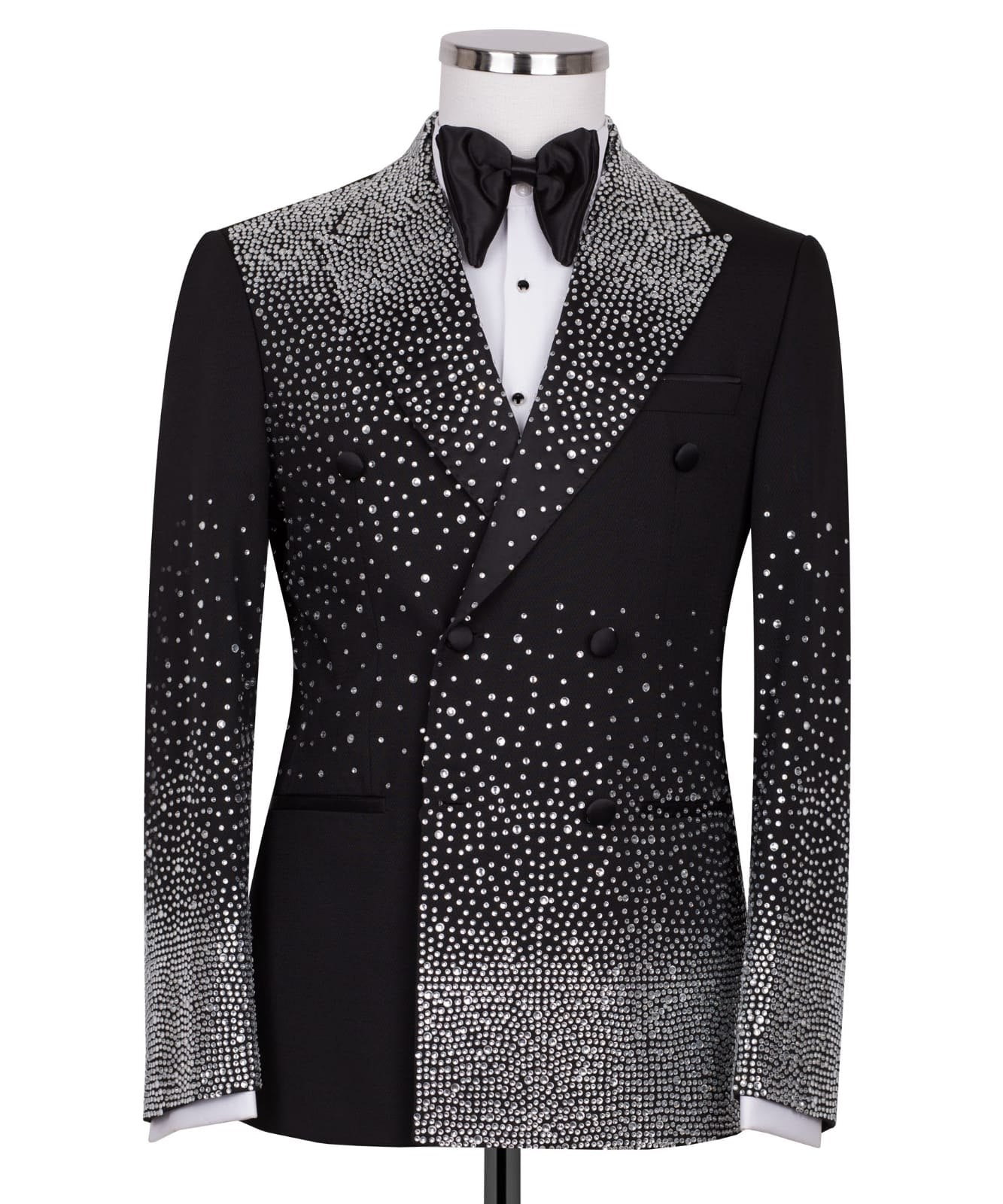 Black Embellished Double Breasted Peak Lapel Tuxedo | Charly Luxury