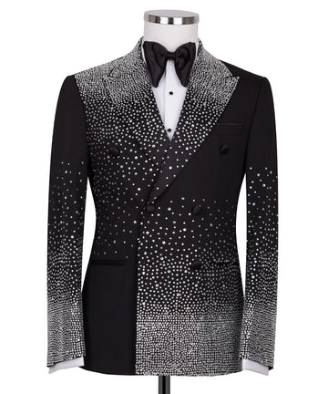 Black Embellished Double Breasted Peak Lapel Tuxedo | Charly Luxury