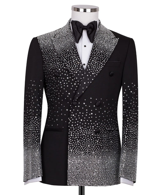 Black Embellished Double Breasted Peak Lapel Tuxedo | Charly Luxury