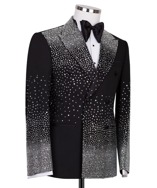 Black Embellished Double Breasted Peak Lapel Tuxedo | Charly Luxury