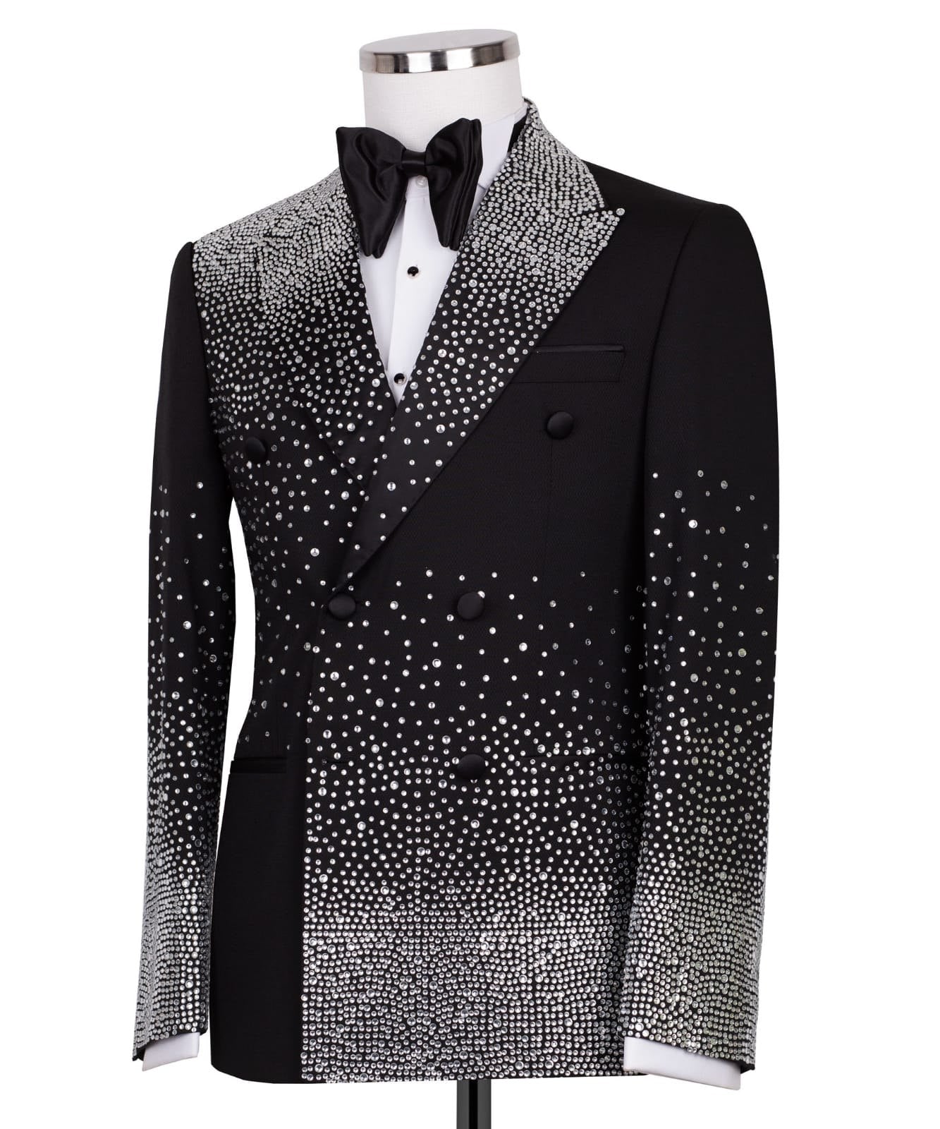 Black Embellished Double Breasted Peak Lapel Tuxedo | Charly Luxury