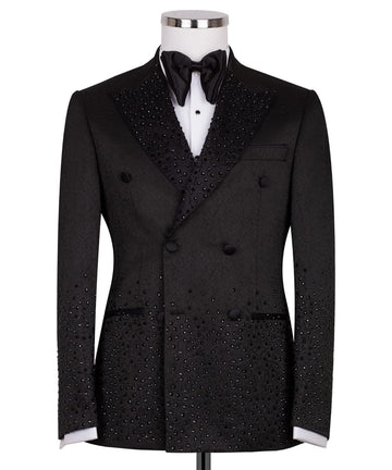Black Embellished Jacquard Double Breasted Tuxedo | Charly Luxury