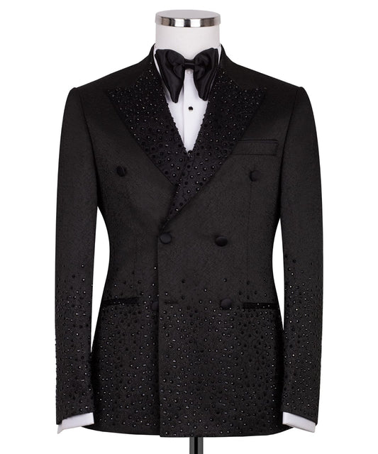 Black Embellished Jacquard Double Breasted Tuxedo | Charly Luxury