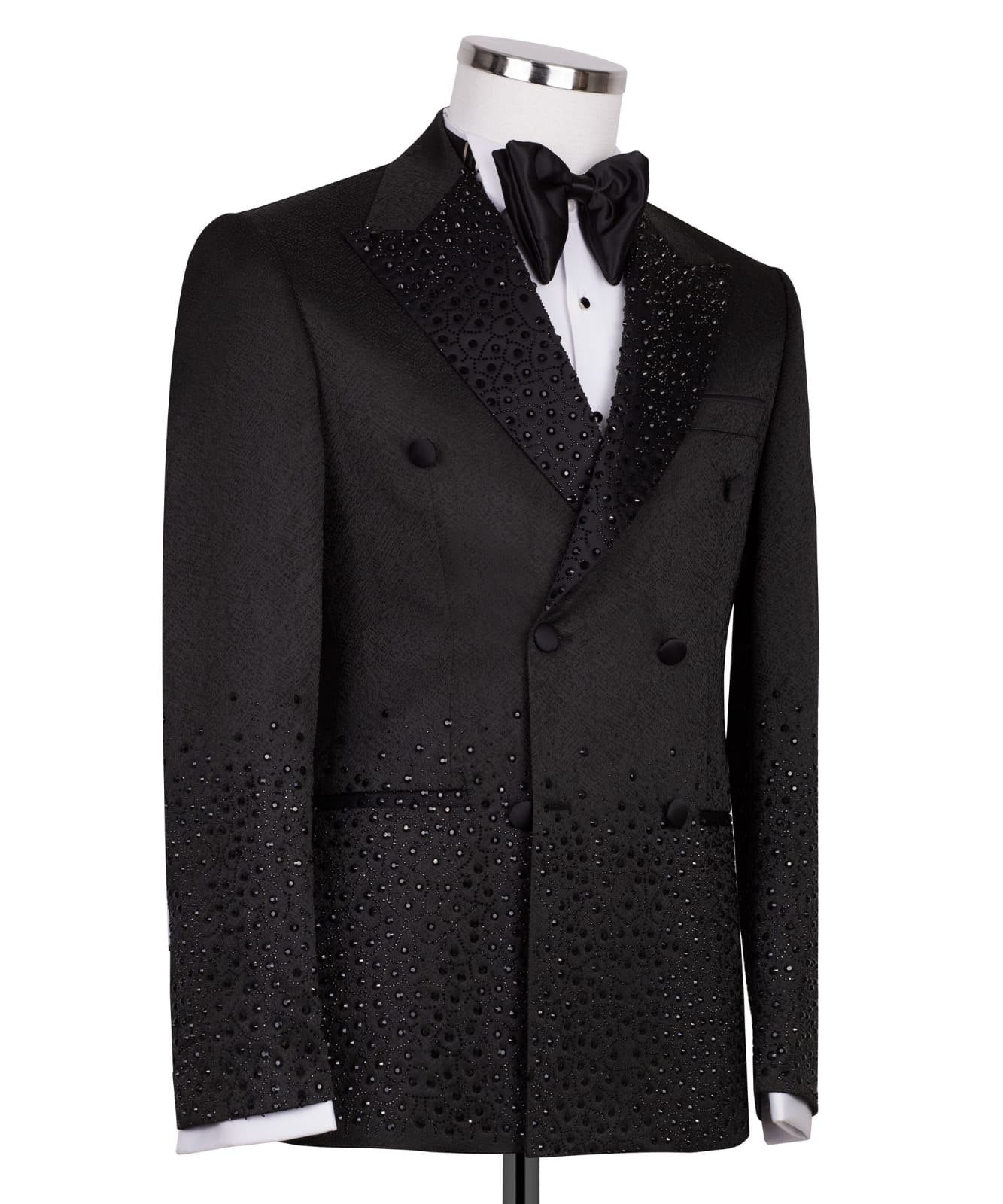 Black Embellished Jacquard Double Breasted Tuxedo | Charly Luxury
