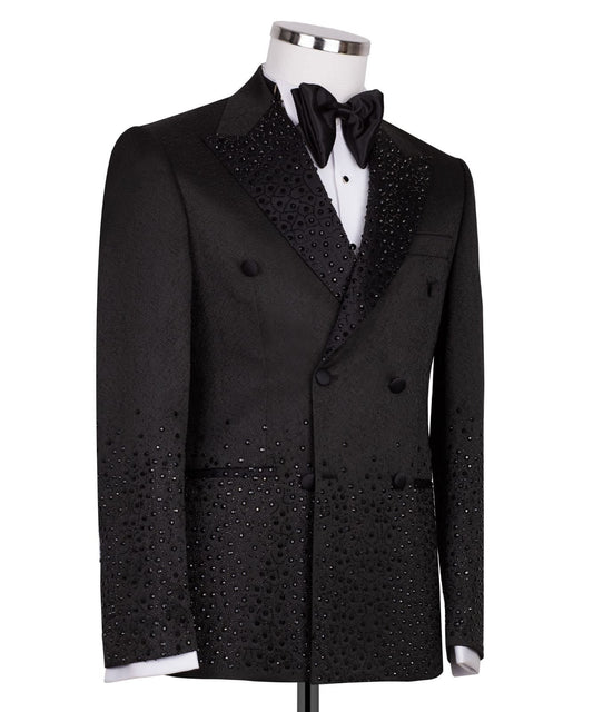 Black Embellished Jacquard Double Breasted Tuxedo | Charly Luxury