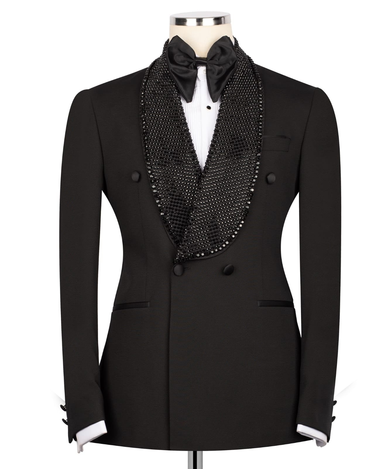 Black Embellished Wool Blend Double Breasted Tuxedo | Charly Luxury