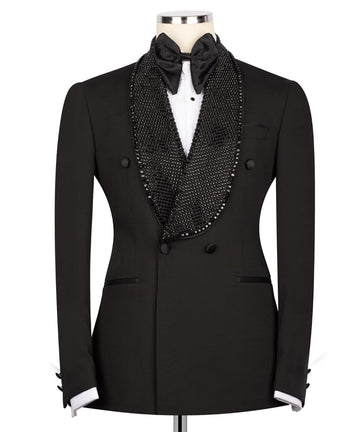 Black Embellished Wool Blend Double Breasted Tuxedo | Charly Luxury