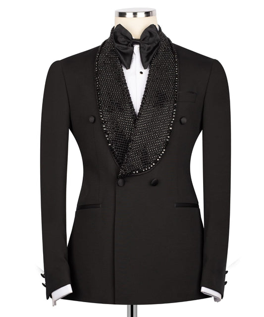 Black Embellished Wool Blend Double Breasted Tuxedo | Charly Luxury