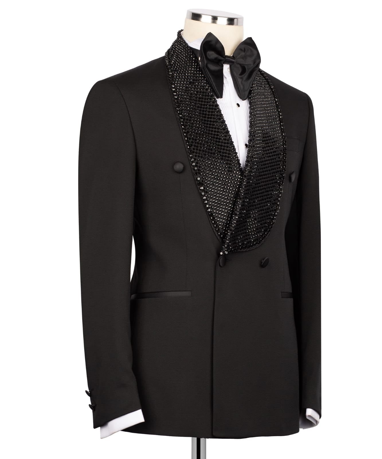 Black Embellished Wool Blend Double Breasted Tuxedo | Charly Luxury