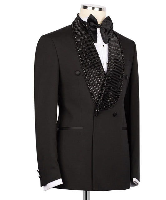 Black Embellished Wool Blend Double Breasted Tuxedo | Charly Luxury