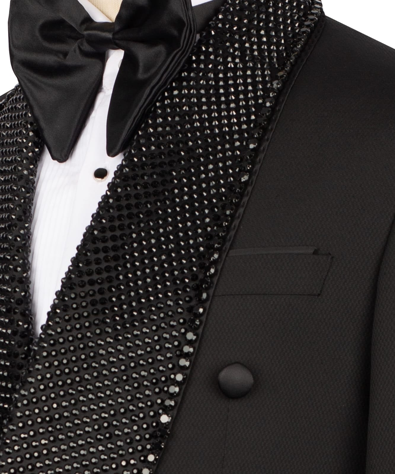 Black Embellished Wool Blend Double Breasted Tuxedo | Charly Luxury