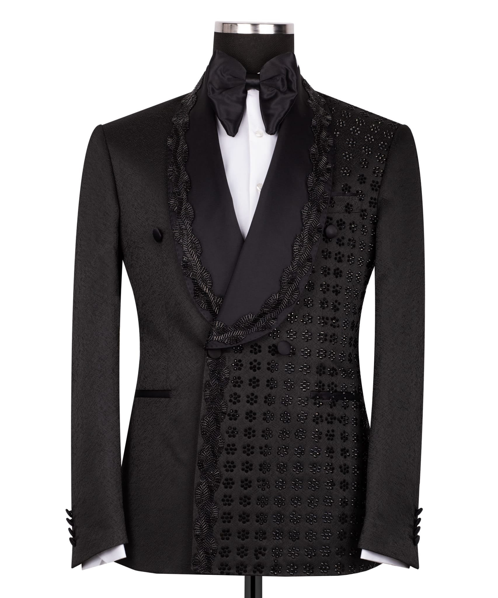 Black Embellished Luxury Blend Double Breasted Tuxedo | Charly Luxury