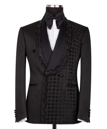 Black Embellished Luxury Blend Double Breasted Tuxedo | Charly Luxury