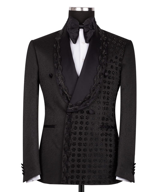 Black Embellished Luxury Blend Double Breasted Tuxedo | Charly Luxury