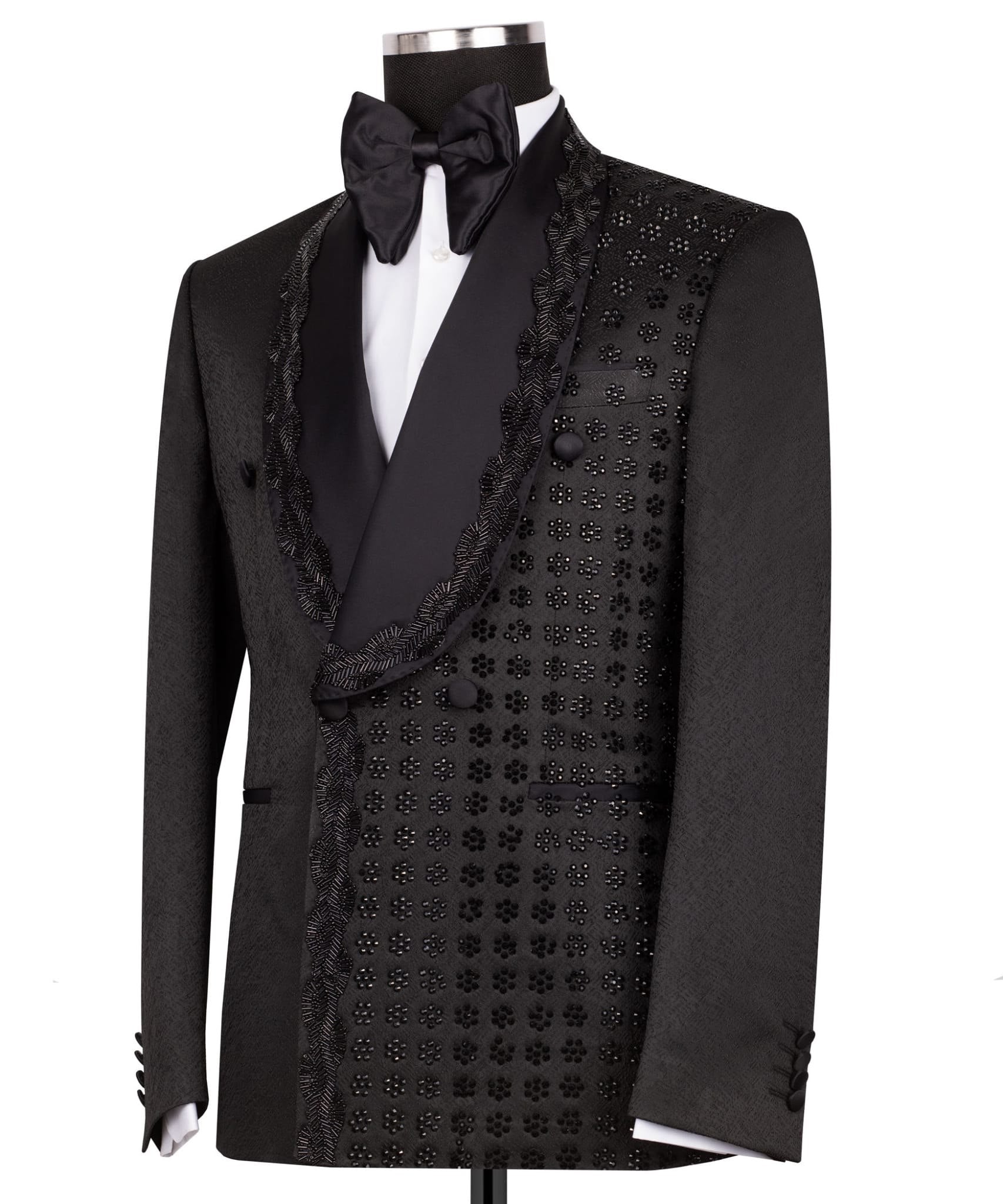 Black Embellished Luxury Blend Double Breasted Tuxedo | Charly Luxury