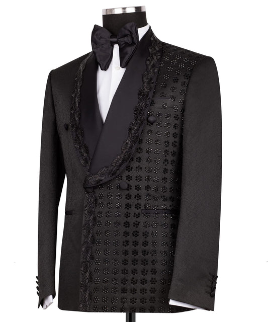 Black Embellished Luxury Blend Double Breasted Tuxedo | Charly Luxury