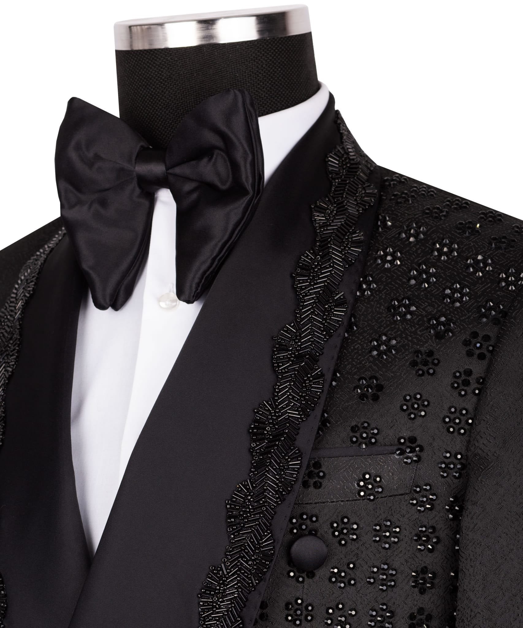Black Embellished Luxury Blend Double Breasted Tuxedo | Charly Luxury