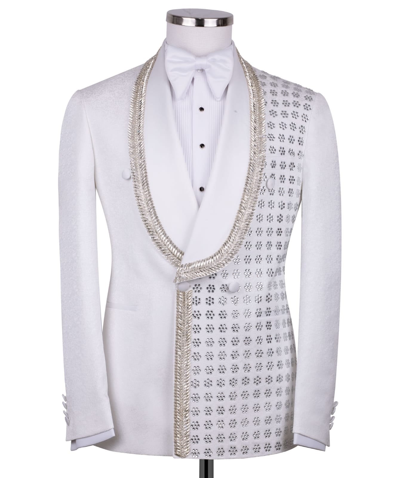White Crystal Embellished Double Breasted Tuxedo | Charly Luxury