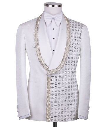White Crystal Embellished Double Breasted Tuxedo | Charly Luxury