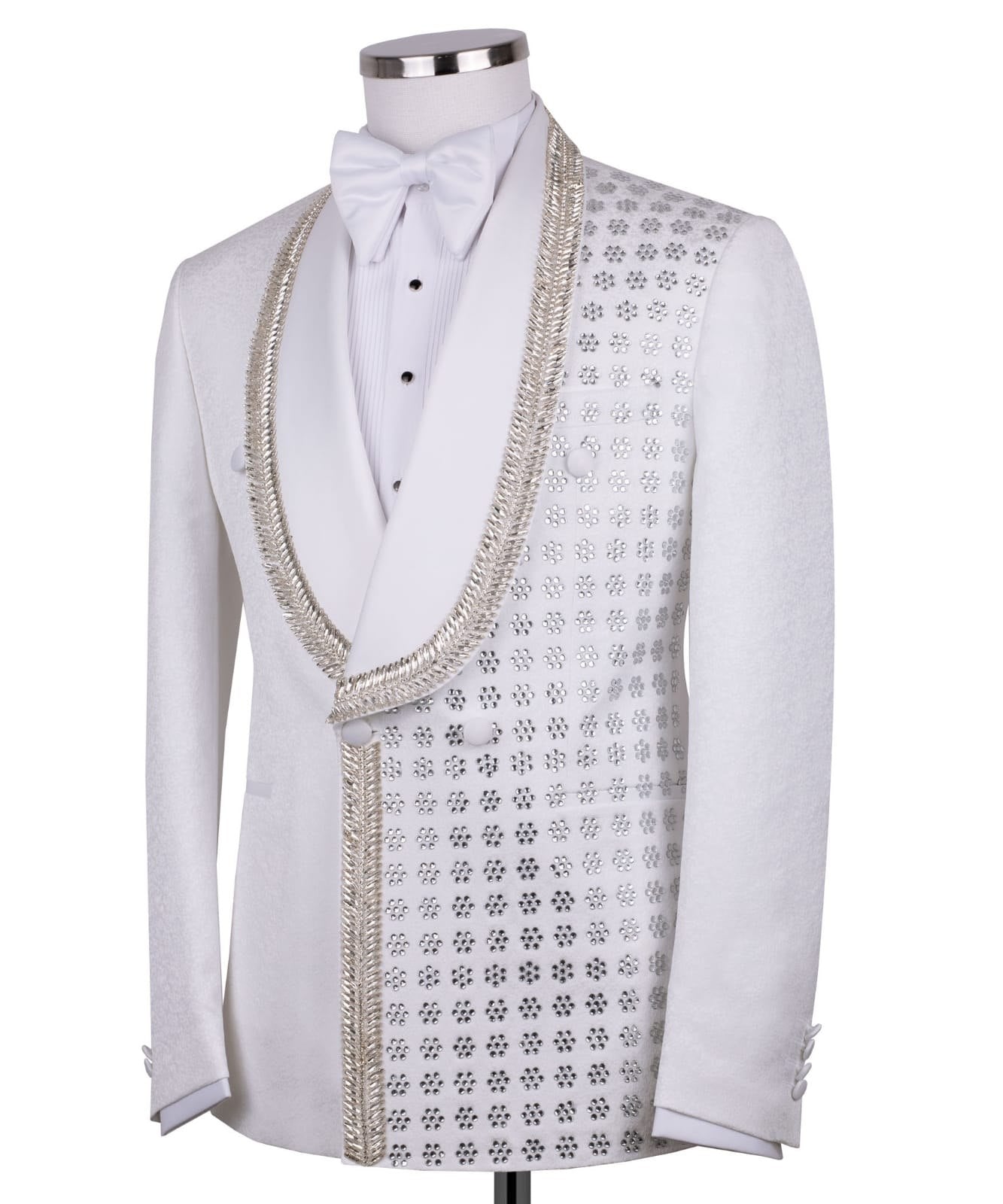White Crystal Embellished Double Breasted Tuxedo | Charly Luxury