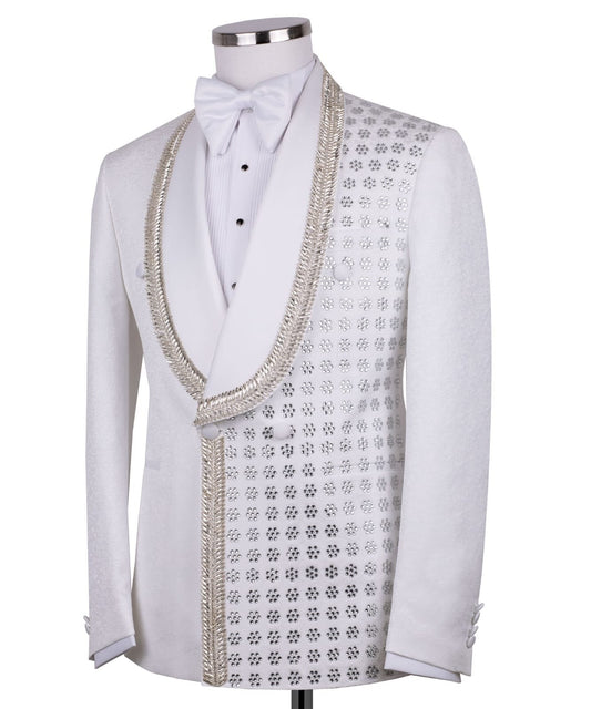 White Crystal Embellished Double Breasted Tuxedo | Charly Luxury