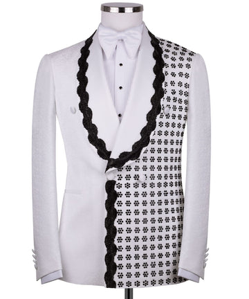 White Hand-Embellished Jacquard Double Breasted Tuxedo | Charly Luxury