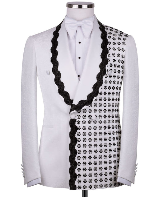 White Hand-Embellished Jacquard Double Breasted Tuxedo | Charly Luxury