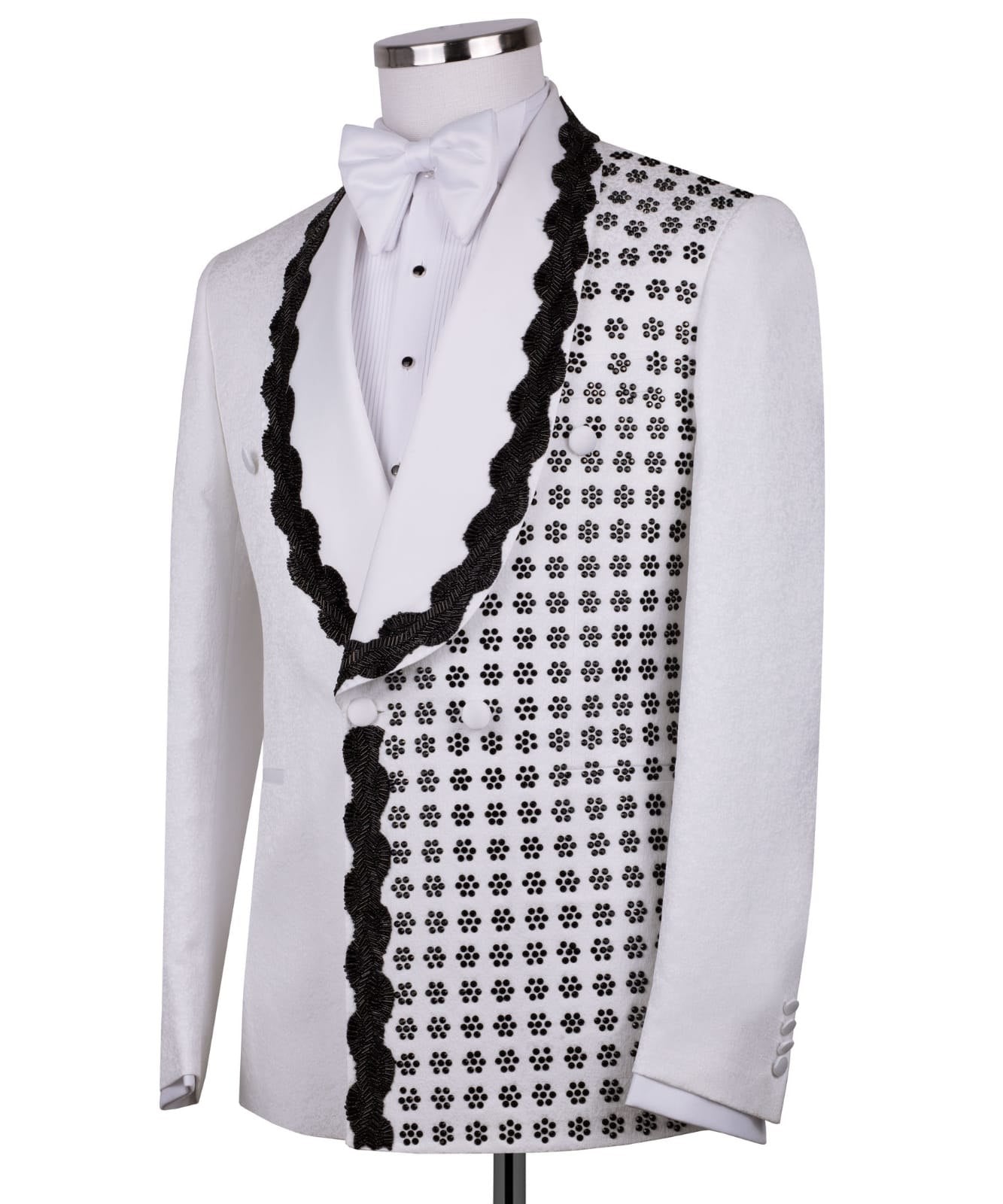 White Hand-Embellished Jacquard Double Breasted Tuxedo | Charly Luxury