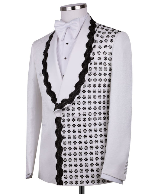 White Hand-Embellished Jacquard Double Breasted Tuxedo | Charly Luxury