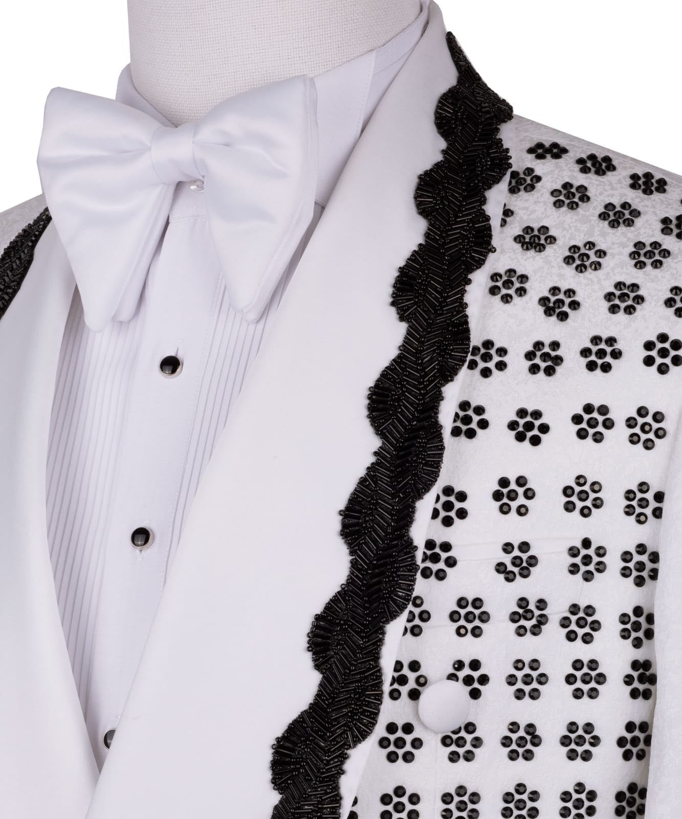 White Hand-Embellished Jacquard Double Breasted Tuxedo | Charly Luxury